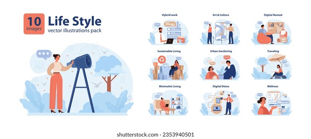 Conjunto de prácticas de bienestar moderno. Vida lenta, conciente y sostenible. Principios de estilo de vida urbano moderno para la armonía. Crecimiento personal, reducción del estrés y felicidad. Ilustración vectorial plana