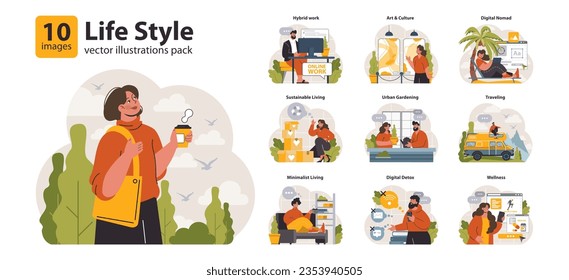 Modern wellbeing practice set. Slow, mindfull and sustainable living. Modern urban lifestyle principles for harmony. Personal growth, stress reduction and happiness. Flat vector illustration