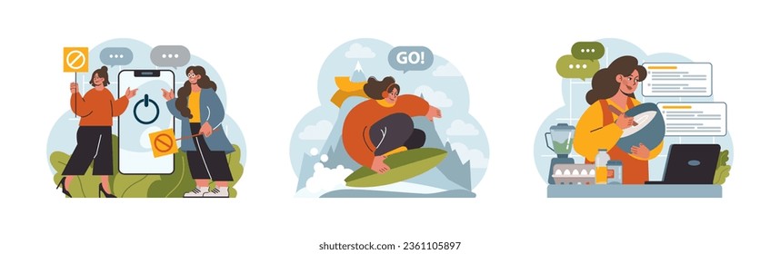 Modern wellbeing practice set. Slow, mindful and sustainable living. Urban lifestyle principles for harmony, personal growth, stress reduction and happiness. Flat vector illustration