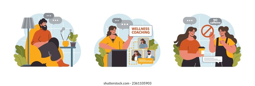 Modern wellbeing practice set. Slow, mindful and sustainable living. Urban lifestyle principles for harmony, personal growth, stress reduction and happiness. Flat vector illustration