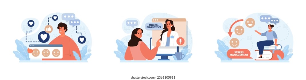 Modern wellbeing practice set. Slow, mindful and sustainable living. Urban lifestyle principles for harmony, personal growth, stress reduction and happiness. Flat vector illustration