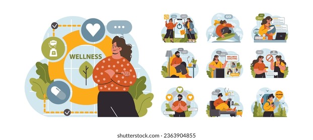 Modern wellbeing practice set. Slow, mindful and sustainable living. Urban lifestyle principles for harmony, personal growth, stress reduction and happiness. Flat vector illustration