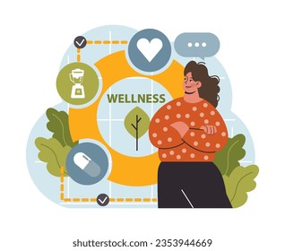 Modern wellbeing practice. Slow, mindful and sustainable living. Urban lifestyle principles for harmony, personal growth, stress reduction and happiness. Flat vector illustration