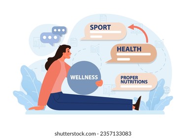 Modern wellbeing practice. Slow, mindful and sustainable living. Urban lifestyle principles for harmony, personal growth, stress reduction and happiness. Flat vector illustration