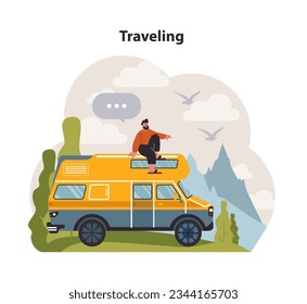 Modern wellbeing practice. Slow traveling, road trip. Mobile auto vehicle for travel, vacation in campsite. Outdoor relaxation, modern practice for body and mind wellness. Flat vector illustration