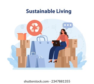 Modern wellbeing practice. Sustainable and eco-friendly living. Female character preparing boxes for charity or recycling. Carbon footprint reduction. Flat vector illustration