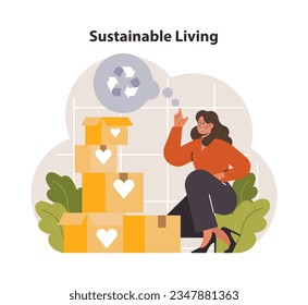 Modern wellbeing practice. Sustainable and eco-friendly living. Female character preparing boxes for charity or recycling. Carbon footprint reduction. Flat vector illustration