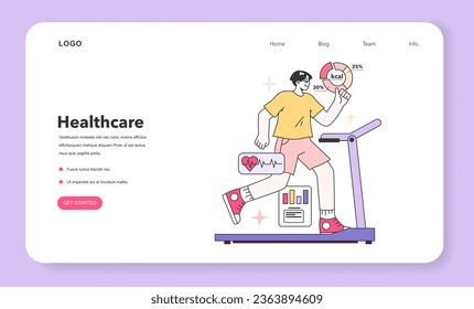 Banner o página de inicio de la práctica de bienestar moderno. Estilo de vida saludable y activo o rutina diaria. Programa de formación de personajes masculinos. Rutina de fitness en una cinta de correr. Ilustración vectorial plana