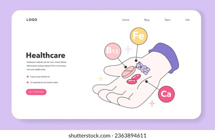 Modern wellbeing practice web banner or landing page. Supplements, vitamins, minerals and protein pills. Character taking medications. Healthy lifestyle. Flat vector illustration