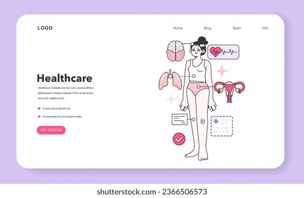 Modern wellbeing practice web banner or landing page. Annual medical exam, regular health check up. Modern medicine research for better disease diagnostic. Flat vector illustration