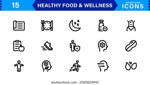 Modern Wellness and Healthy Food Icons. Clean and Versatile Icons for Well-Being, Mindful Living, Health Tracking, and Organic Foods