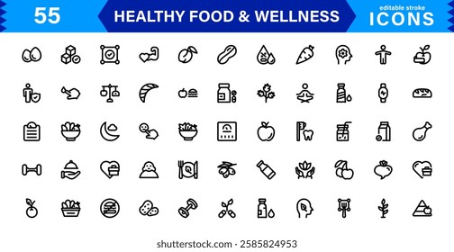 Modern Wellness and Healthy Food Icons. Clean and Versatile Icons for Well-Being, Mindful Living, Health Tracking, and Organic Foods