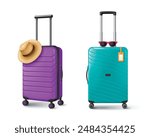 Modern wheel suitcases set isolated on white background. Vector realistic illustration of purple and turquoise plastic luggage, solid rolling bag with metal handle, sunglasses, hat, tourist accessory