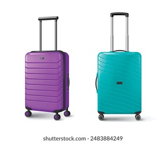 Modern wheel suitcases set isolated on white background. Vector realistic illustration of purple and turquoise plastic luggage, solid rolling bag with metal handle, tourist accessory, vacation travel