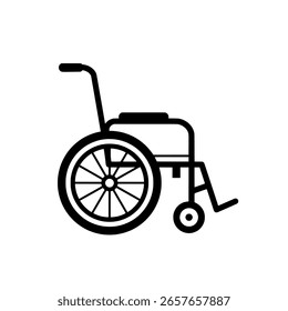 Modern wheelchair as a solid black glyph icon. A simple, minimalist graphic for hospital, accessibility, and patient mobility themes.