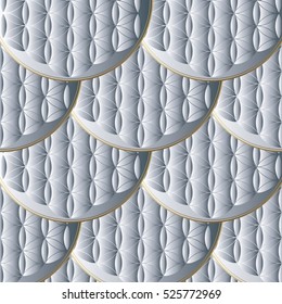Modern white abstract white seamless pattern. Geometric 3d background. Luxury ornate wallpaper. Stylish vector surface white texture with volumetric ornamental  circles and waves pattern ornaments.