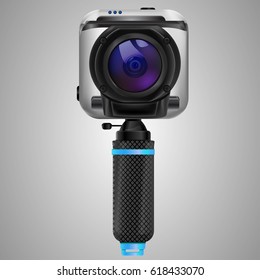 Modern white action camera with fish-eye lens on selfie stick. Vector image