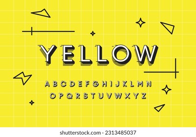 Modern white alphabet letter typography on yellow background. 3D Bright, vivid multicolor effect font. Vector alphabet for flyer, book cover, greeting card, product packaging, graphic print
