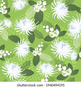 Modern white aster flowers and leaves on green endless wallpaper.Floral seamless pattern.Summer botanical background.Trendy fabric design,wrapping paper.Vector illustration.