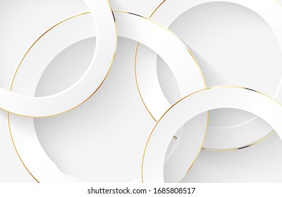 Modern white background with shiny gold circle element. Abstract light silver clean surface. Elegant circle shape design with golden line vector