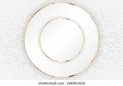 Modern white background with shiny gold circle element. Abstract light clean silver background textured with dot halftone. Elegant circle shape design with golden line vector