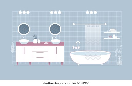 El moderno cuarto de baño blanco. Doble lavabo y dos espejos circulares. Baño con ducha. Estilo plano.