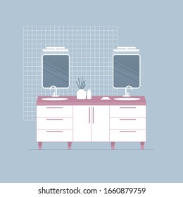 Modernes weißes Badezimmer. Doppelwaschbecken und zwei Spiegel. Flacher Stil auf Grau.