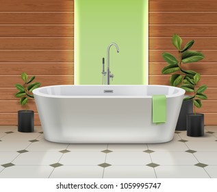 Modern white bathtub in interior. Vector illustration of bath with green towel on tiled floor with plants in black pots on wooden walls background