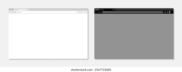 Modern White and Black Browser Window Set: Light and Dark Mode Website Layout Featuring Search Bar, Toolbar, and Buttons