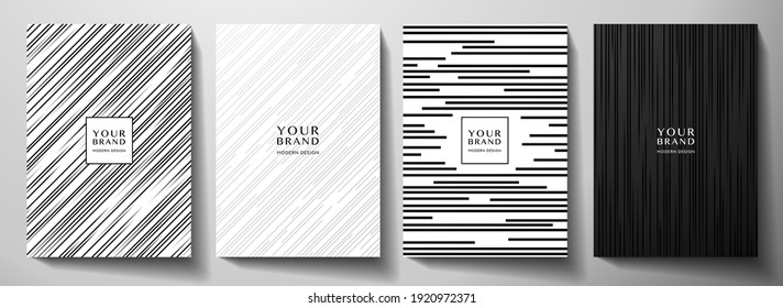 Modern white and black cover design set. Luxury creative dynamic diagonal line pattern. Formal premium vector background for business brochure, poster, notebook, menu template 