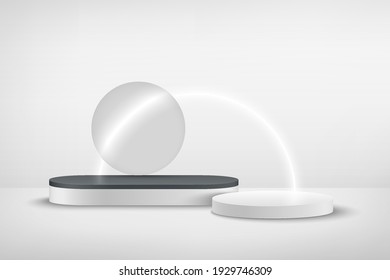 Modern white and black cylinder step podium with neon shining and transparent glass rings background. Abstract vector rendering 3d shape for advertising products display. Minimal scene studio room.