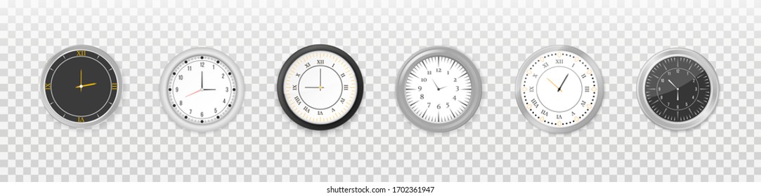 Modern white, black round wall clocks, black watch face and time watch mockup. Mock-up for branding and advertising. White and black wall office clock icon set. Vector illustration, EPS 10.