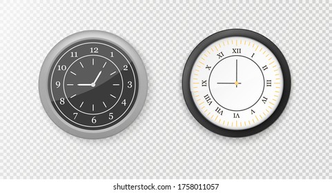 Modern white, black round wall clocks, black watch face and time watch mockup. White and black wall office clock icon set. Mock-up for branding and advertising. Vector illustration, EPS 10.