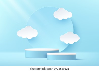 Modern white and blue color cylinder steps pedestal podium. Circle backdrop and white cloud shape in paper cut style. Vector rendering 3d shape for products display presentation. Abstract pastel room.