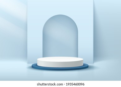 Modern white and blue cylinder pedestal podium in light blue empty room. Abstract vector rendering 3d shape for cosmetic products display presentation. Pastel minimal scene studio room.