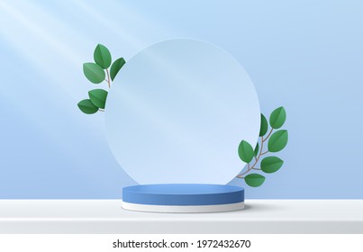 Modern white and blue cylinder pedestal podium. Blue pastel circle backdrop with green leaf decorate. Vector rendering 3d shape products display presentation. Minimal wall scene. Abstract studio room.