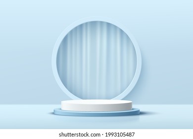 Modern white and blue cylinder pedestal podium. Abstract pastel blue color minimal wall scene. Geometric circle backdrop with curtain. Vector rendering 3d shape, cosmetic product display presentation.