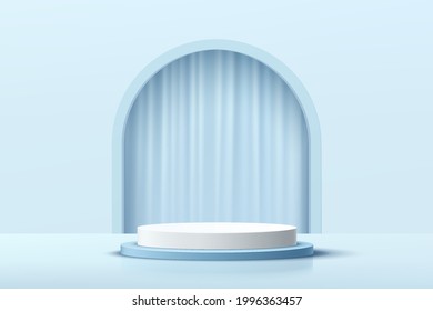 Modern white, blue cylinder pedestal podium with arch shape backdrop and blue curtains. Abstract pastel blue color minimal wall scene. Vector rendering 3d shape, cosmetic product display presentation.