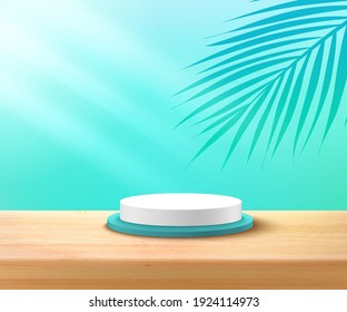 Modern white, blue cylinder podium with pastel empty room and wood texture, green coconut leaf background. Abstract vector rendering 3D shape for advertising product display. Tropical scene concept.