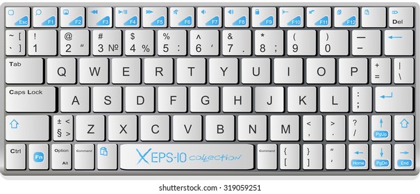 Modern white with blue laptop bluetooth keyboard isolated. Vector illustration