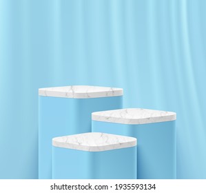 Moderno podio peatonal de cubo de esquina redonda blanco y azul en una habitación vacía de cortina azul. Resumen de la forma 3d de representación vectorial para la presentación de productos cosméticos. Sala de estudio de escena mínima para pastel.
