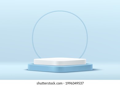 Modern white, blue round corner cube pedestal podium with blue circle ring backdrop. Abstract pastel blue color minimal scene. Vector rendering 3d platform geometric shape product display presentation