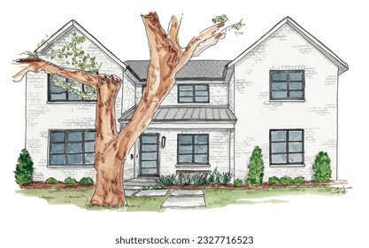 Modern white brick house, crittal black window frames, tiled roof, large tree, garden. Watercolor sketch illustration. Isolated vector.