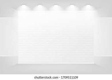 Modern white brick wall studio texture with spotlight for wallpaper,background,gallery,mock up, vector illustration.