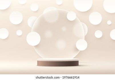 Modern white and brown cylinder pedestal podium. Circle beige color backdrop and white polka dot in paper cut style. Vector rendering 3d shape for products display presentation. Abstract minimal scene