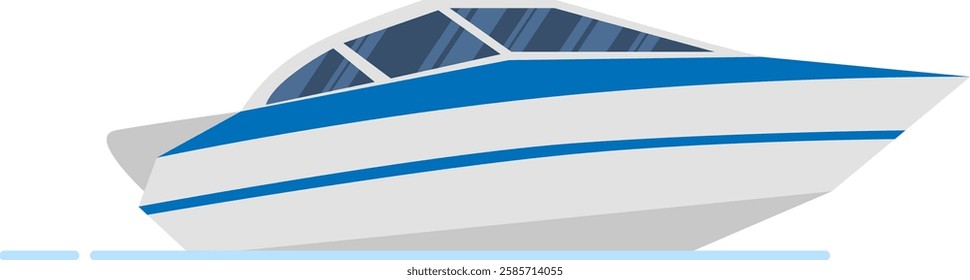 Modern white cabin cruiser featuring blue stripes, gliding smoothly across a tranquil sea, embodying the essence of summer vacations, travel adventures, and leisurely activities