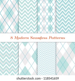 Modern White Christmas Backgrounds. 8 Seamless Chevron and Argyle Patterns in Aqua Blue, Turquoise, White & Silver. Nice background for Scrapbook or Photo Collage. Matching Image ID: 128027708.