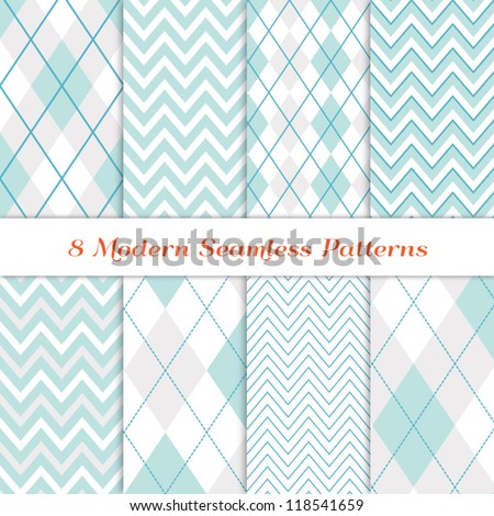 Modern White Christmas Backgrounds. 8 Seamless Chevron and Argyle Patterns in Aqua Blue, Turquoise, White & Silver. Nice background for Scrapbook or Photo Collage. Matching Image ID: 128027708.