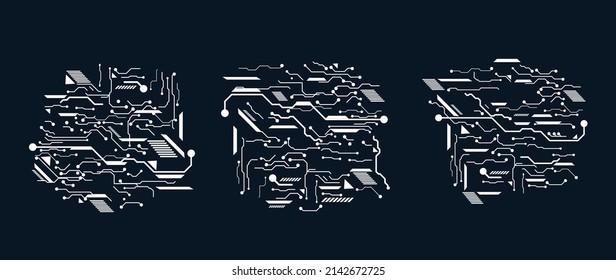 Modern white circuit board element on dark background. Collection of high technology electrical line, computer system electronic circuit board. Digital cyberpunk element for engineering, business.