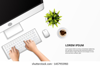 modern white clean hand typing on computer top view and a cup of coffee and plant. business, work, freelance concept banner header illustration.